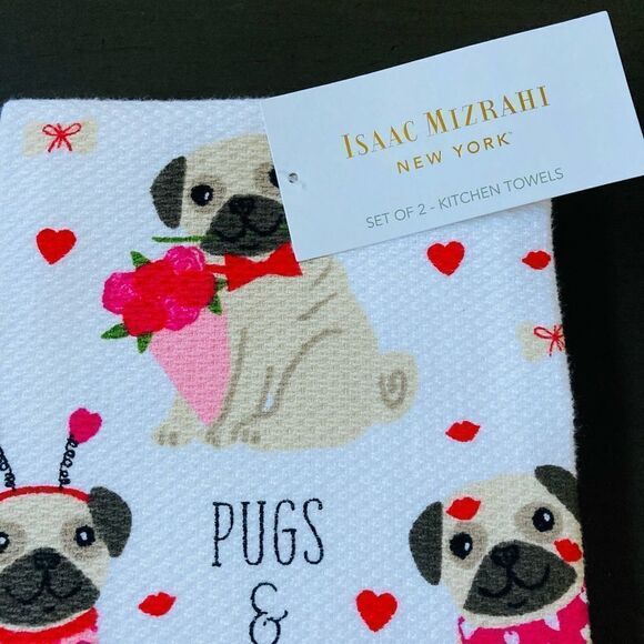 Valentine Pugs & Kisses Cupid Pug Dog Kitchen Dish Towels Set - Picture 3 of 3
